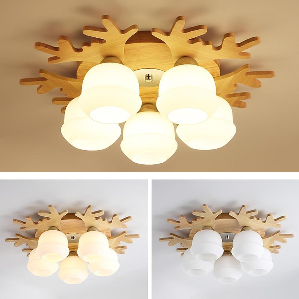 Modern Wood Glass Globe Flush Mount Ceiling Light | Ambient LED