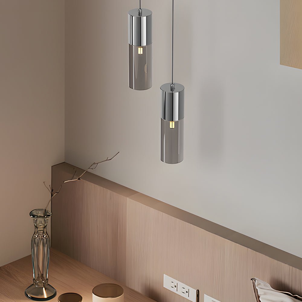 Modern Cylinder Pendant Light with Smoke Gray Glass & 3-Step Dimming