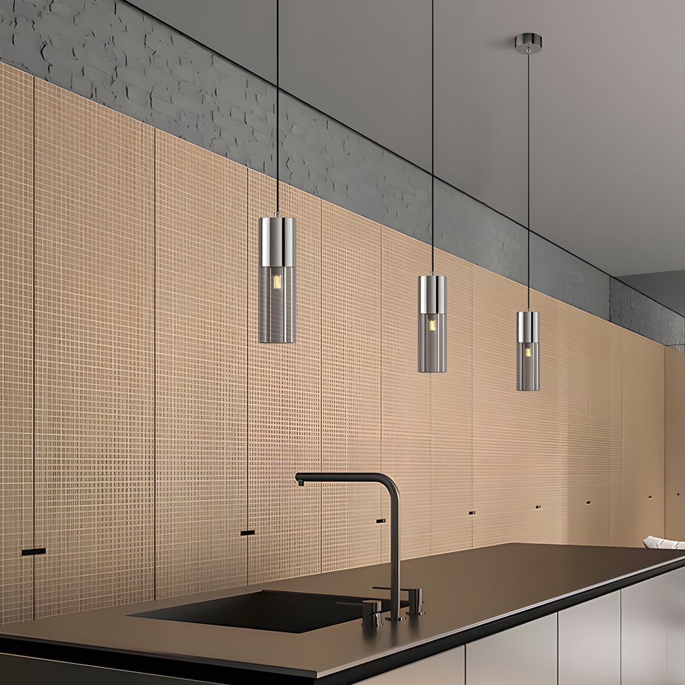 Modern Cylinder Pendant Light with Smoke Gray Glass & 3-Step Dimming