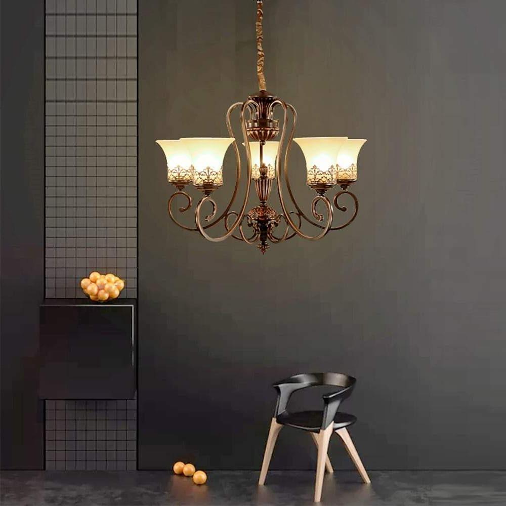 5-Light Vintage Chandelier with Glass Shades and Bronze Finish