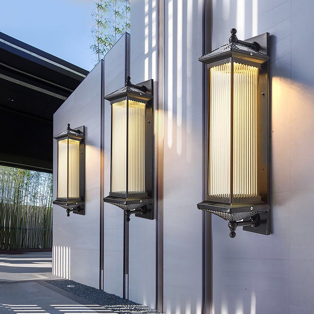 Solar Outdoor Wall Light with Striped Glass Shade IP55 Waterproof