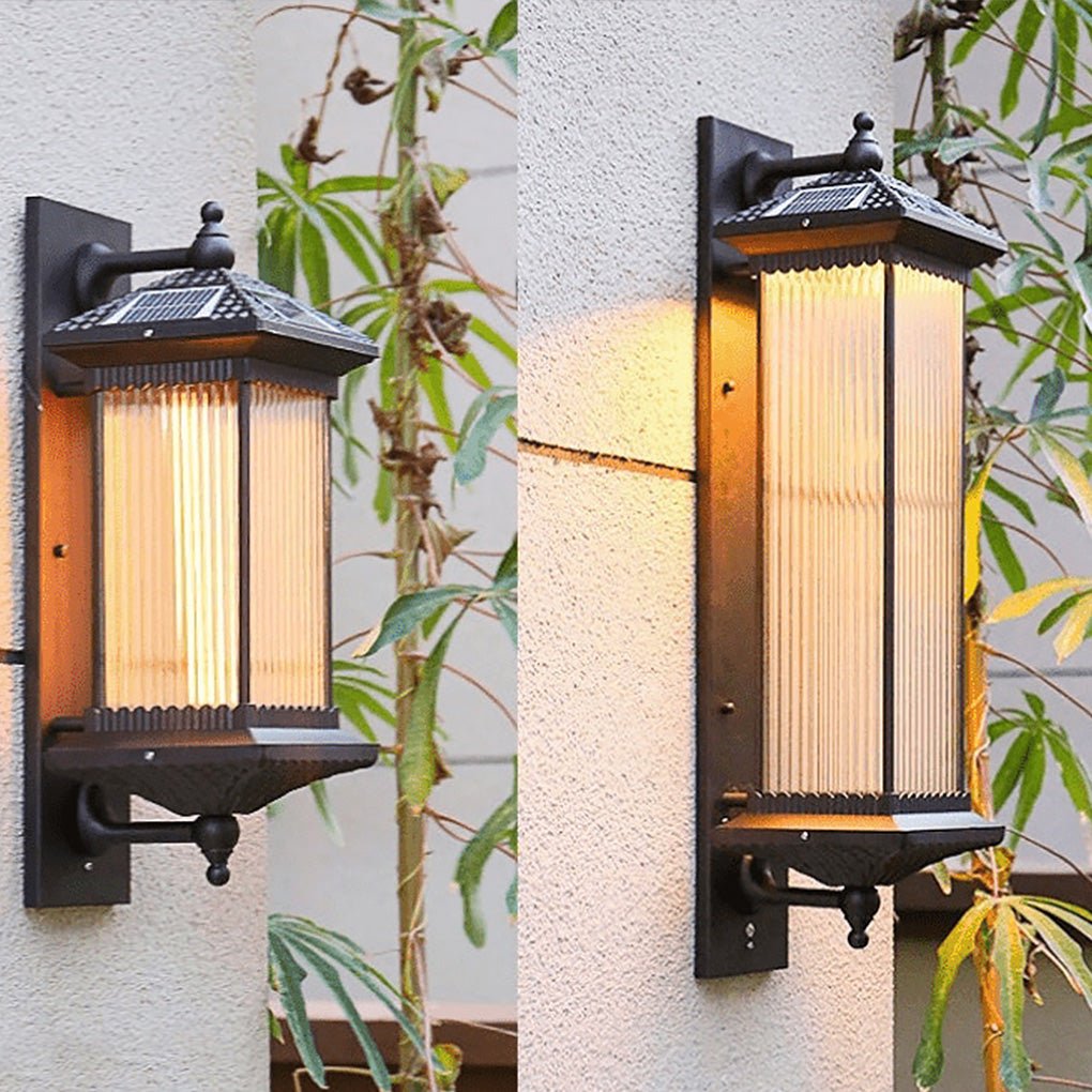 Solar Outdoor Wall Light with Striped Glass Shade IP55 Waterproof