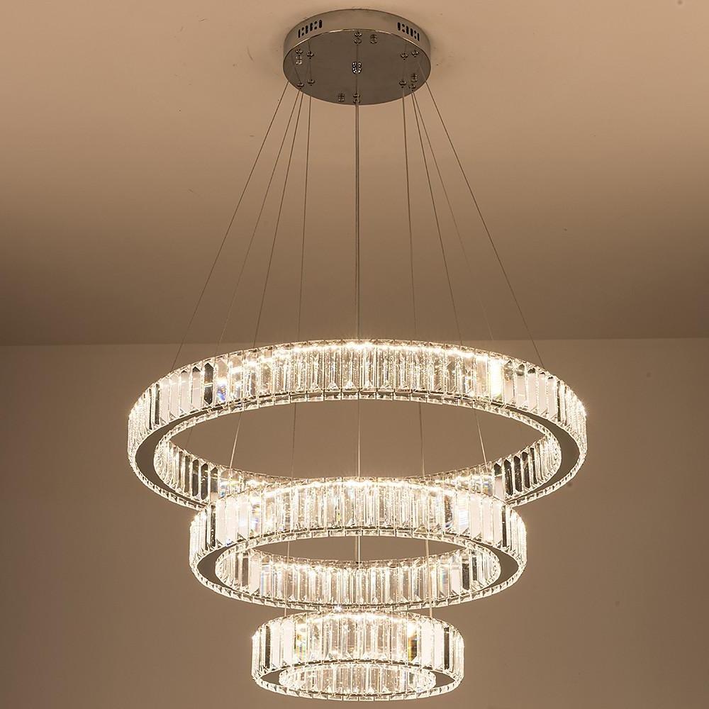 Crystal 3-Tier Ring Pendant Light Modern Chrome Chandelier