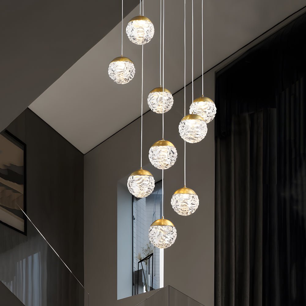 Modern Textured Glass Ball Staircase Chandelier with Copper Gold