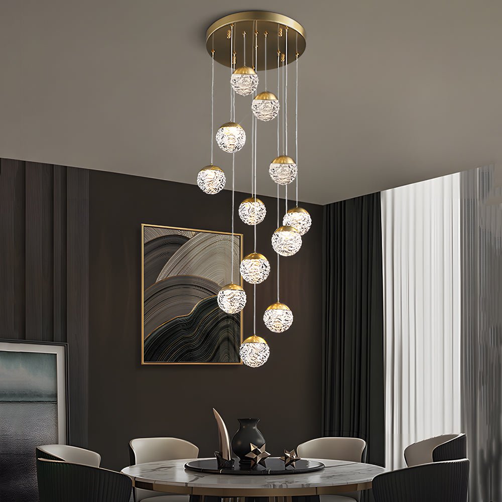 Modern Textured Glass Ball Staircase Chandelier with Copper Gold