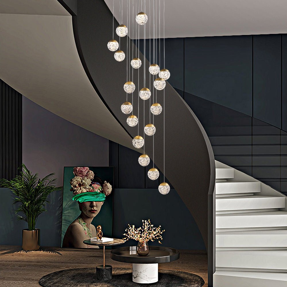 Modern Textured Glass Ball Staircase Chandelier with Copper Gold