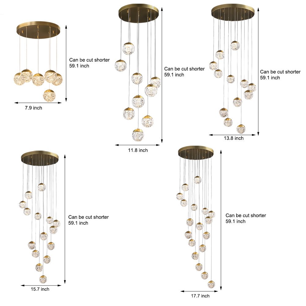 Modern Textured Glass Ball Staircase Chandelier with Copper Gold
