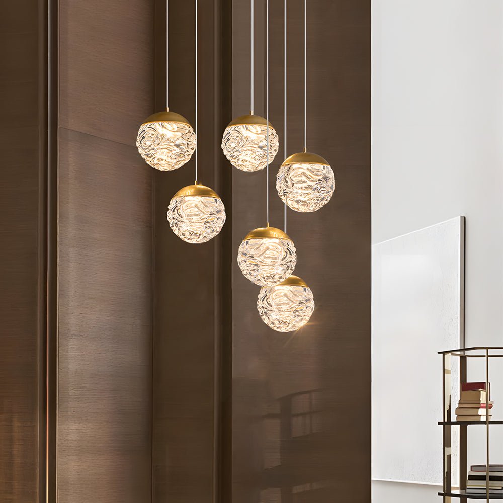 Modern Textured Glass Ball Staircase Chandelier with Copper Gold