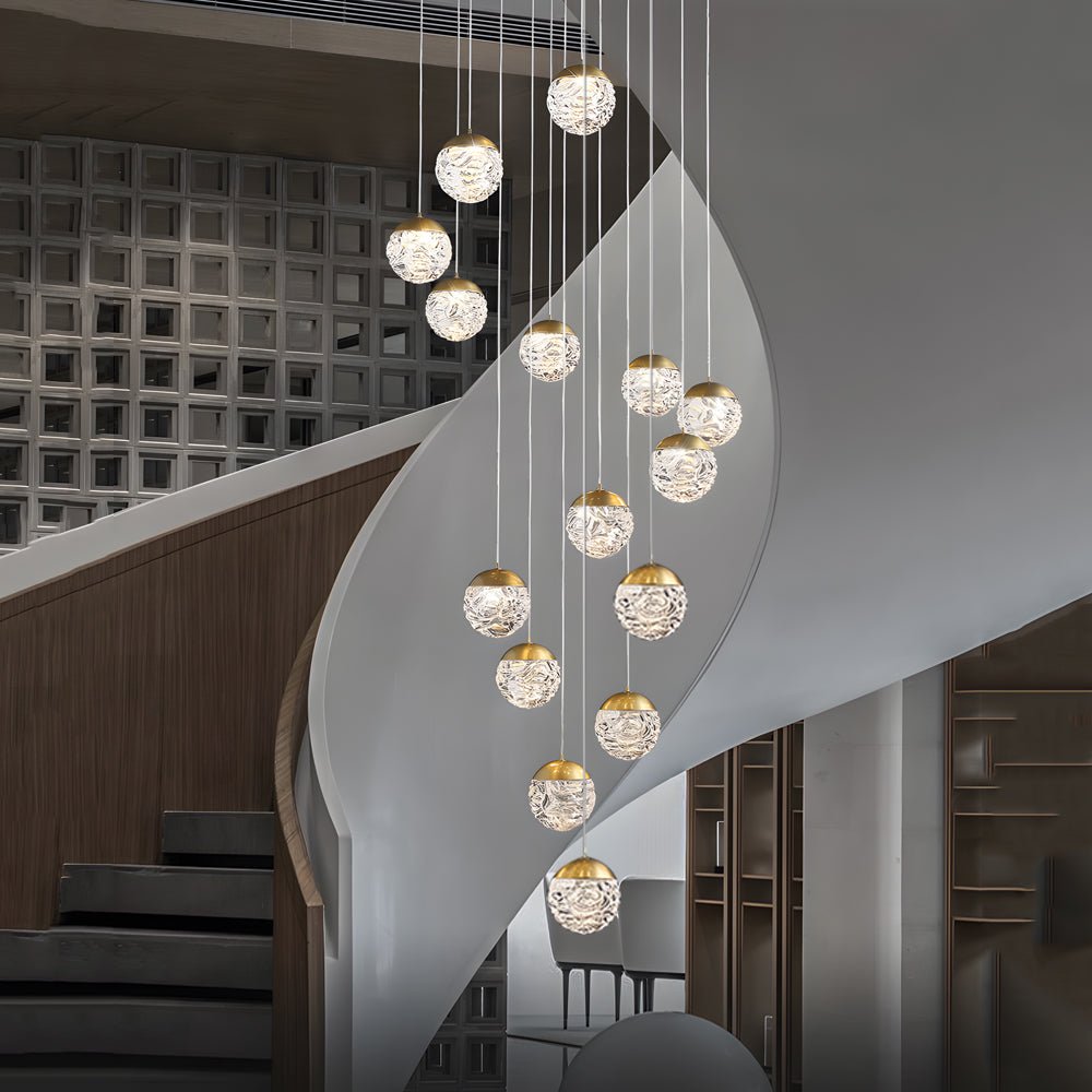 Modern Textured Glass Ball Staircase Chandelier with Copper Gold