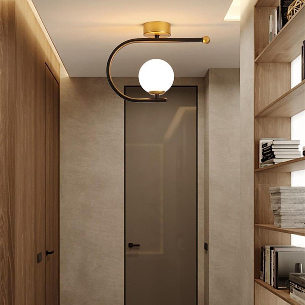 Black Curved Globe Flush Mount Ceiling Light Modern Metal Glass