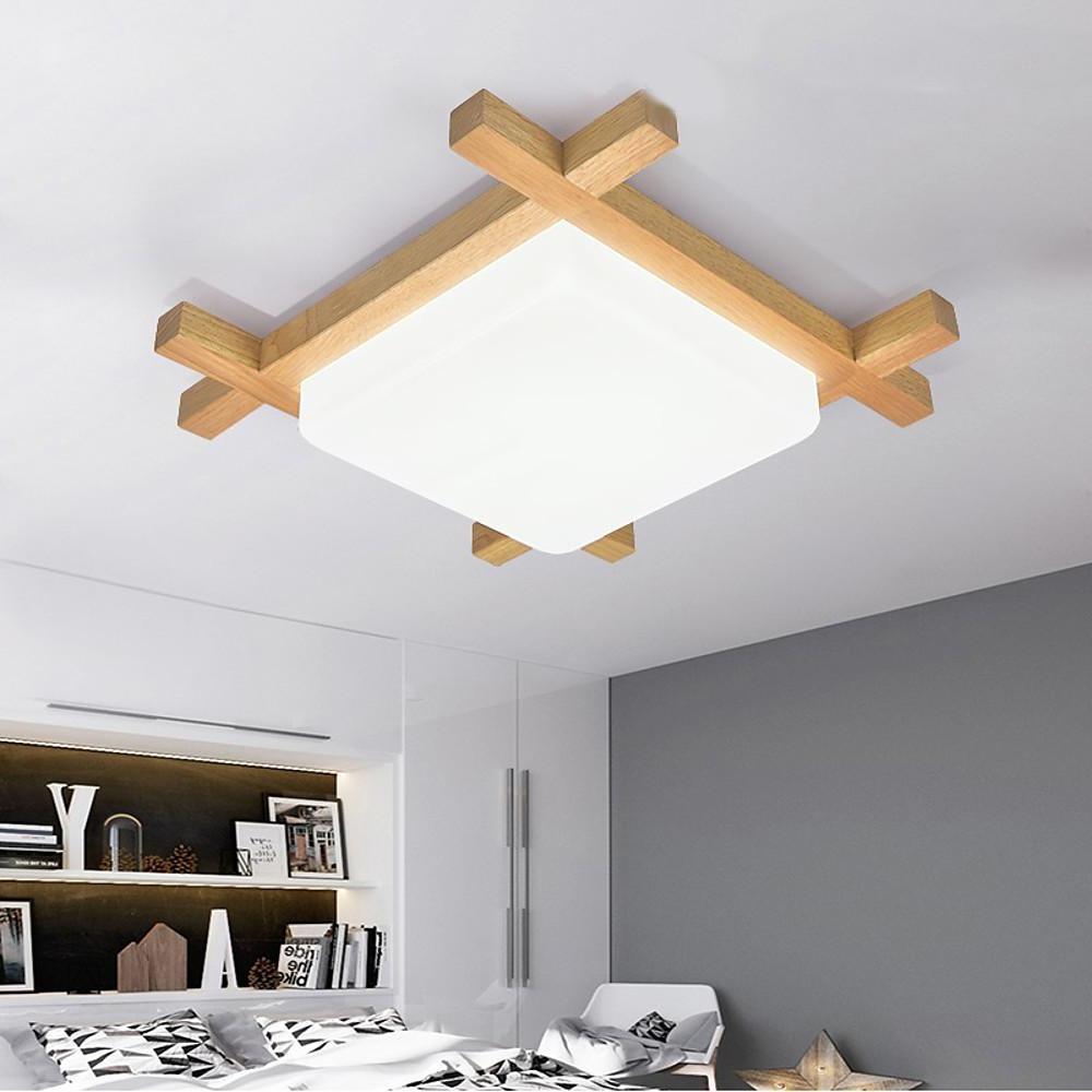 Square Rustic Wood Flush Mount LED Ceiling Light Dimmable