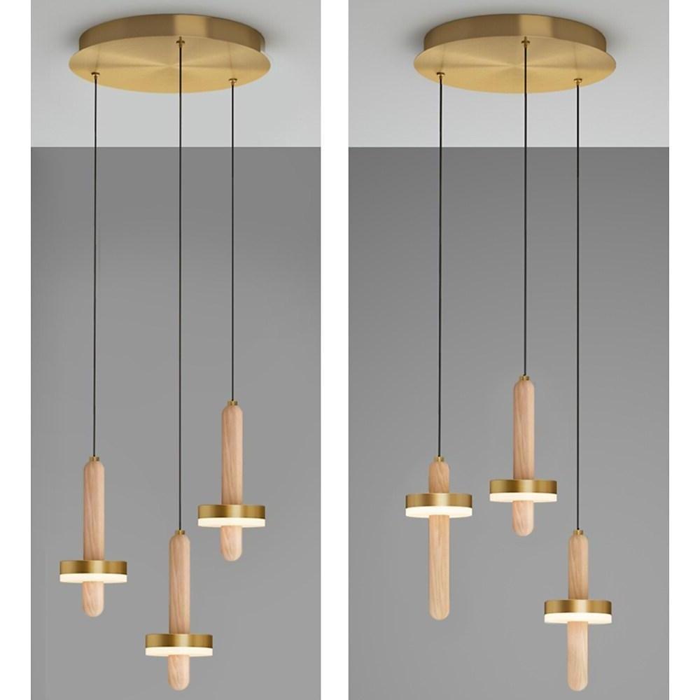 Modern Cylindrical Pendant Light Gold Copper Wood LED Fixture