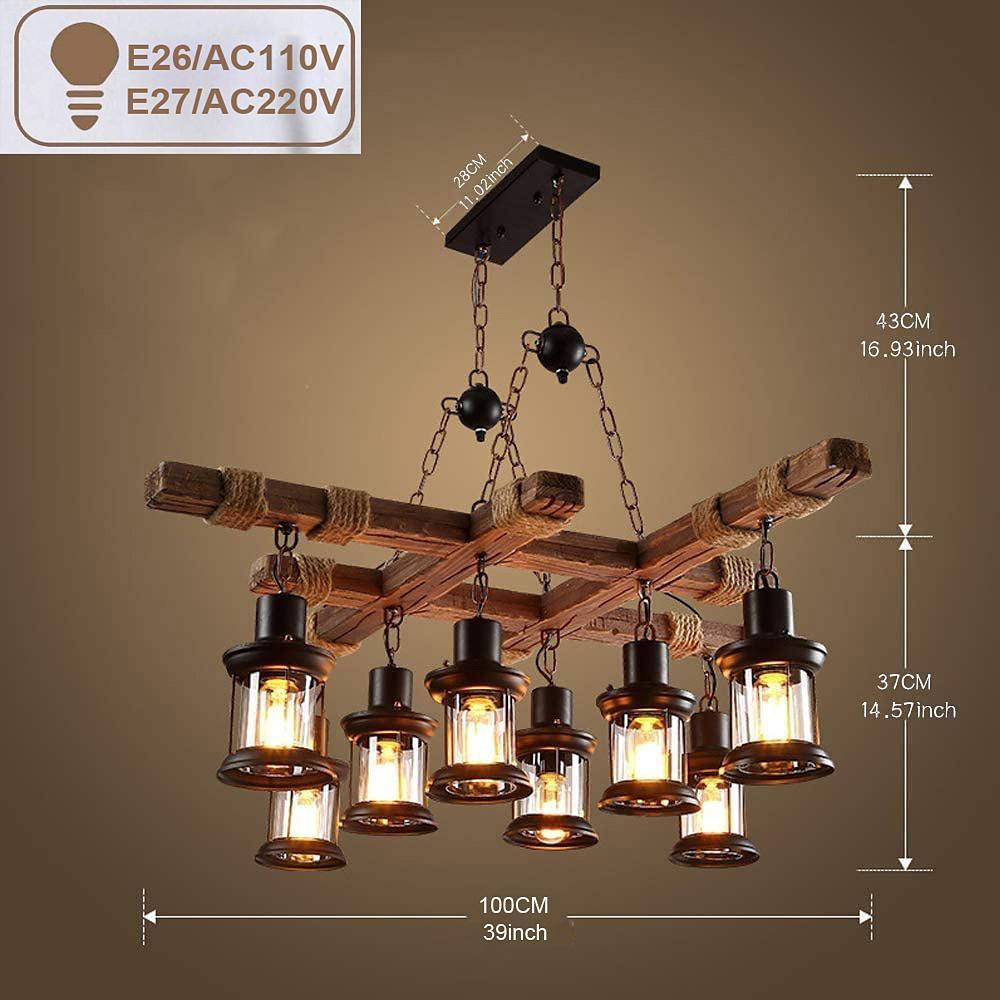 Vintage Wood & Glass 8-Light Farmhouse Pendant Chandelier