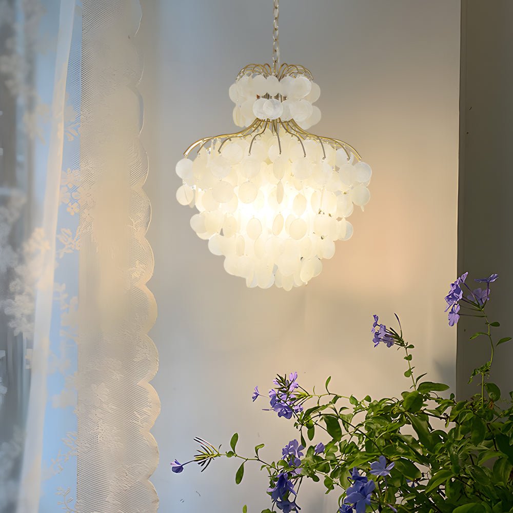 Tiered Capiz Shell Crystal Chandelier - French Retro Style