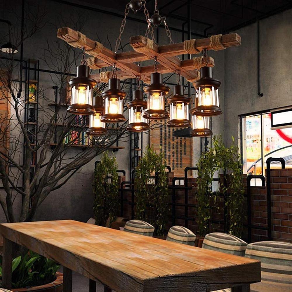 Vintage Wood & Glass 8-Light Farmhouse Pendant Chandelier