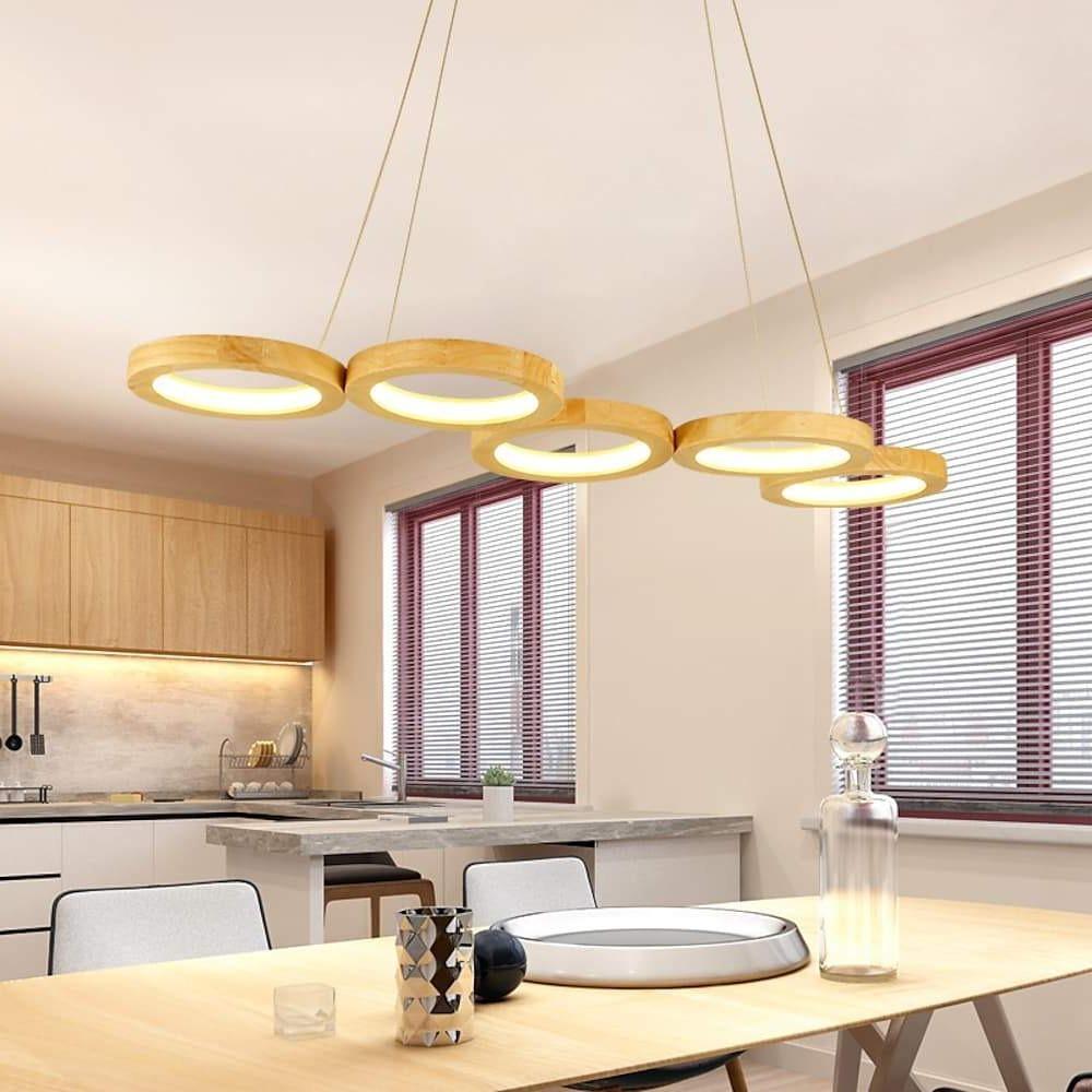 Modern Wood Ring Pendant Light - 4 or 5 Circle LED Ceiling Fixture