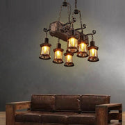6-Light Farmhouse Wooden Chandelier with Glass Lantern Shades