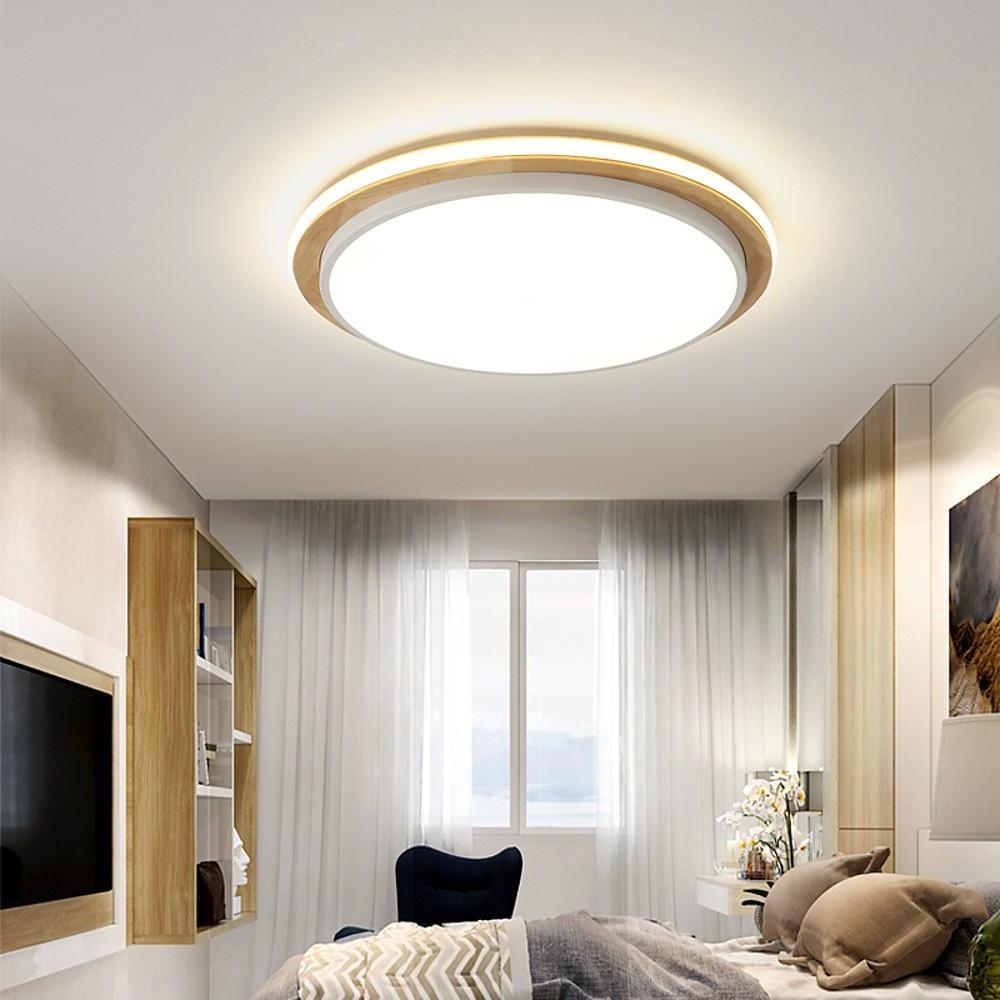 Modern Round Wood & Metal LED Flush Mount Ceiling Light