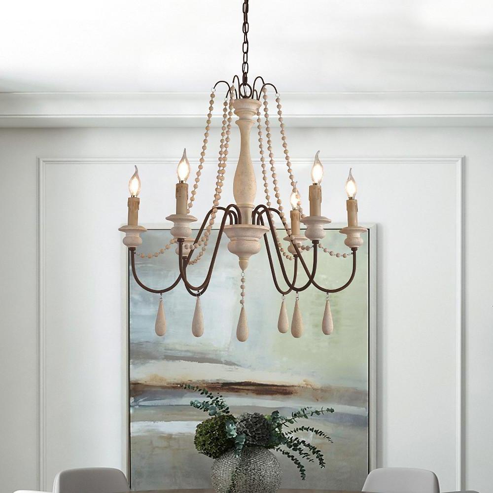 Farmhouse Wood Bead Chandelier with Candle-Style Lights 6-Light