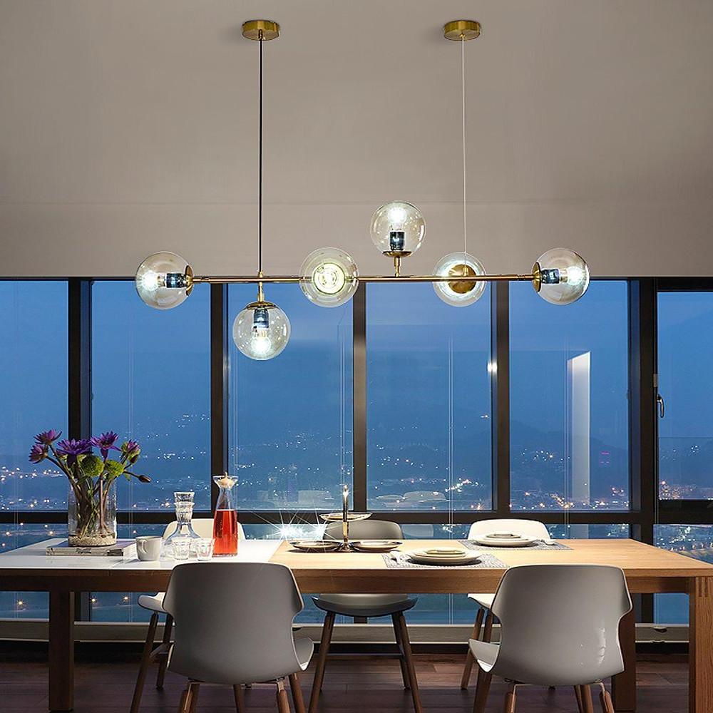 Nordic Linear Glass Globe Chandelier 4/6 Lights Gold Metal