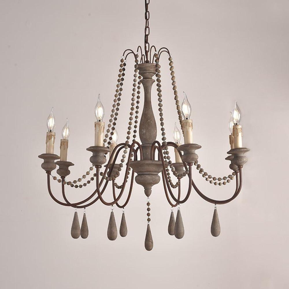 Farmhouse Wood Bead Chandelier with Candle-Style Lights 6-Light