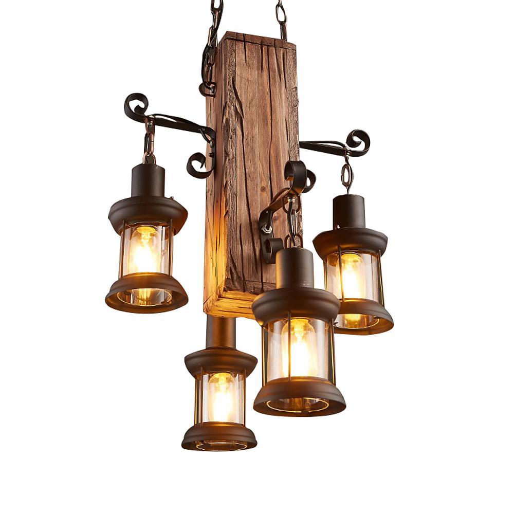 Rustic Wood Farmhouse Chandelier with 4 Lantern Lights
