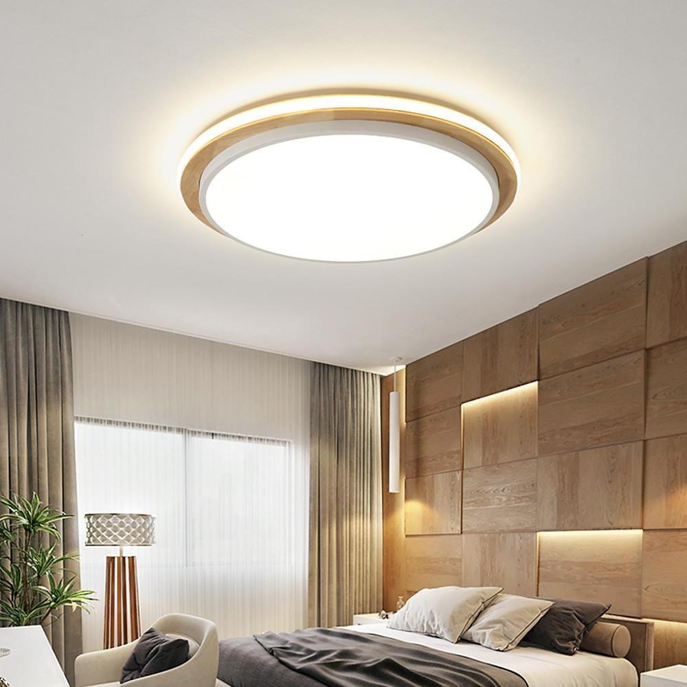 Modern Round Wood & Metal LED Flush Mount Ceiling Light