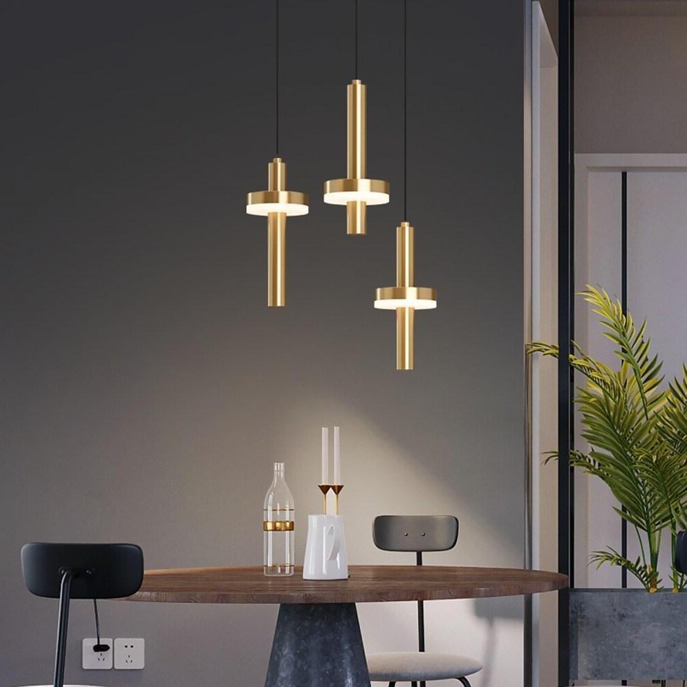 Modern Cylindrical Pendant Light Gold Copper Wood LED Fixture