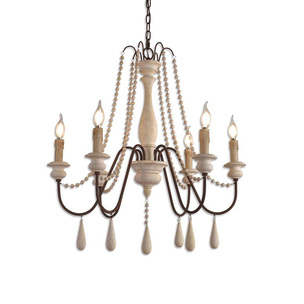 Farmhouse Wood Bead Chandelier with Candle-Style Lights 6-Light