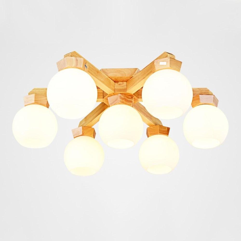 Nordic Wood Globe Flush Mount Ceiling Light with Glass Shades
