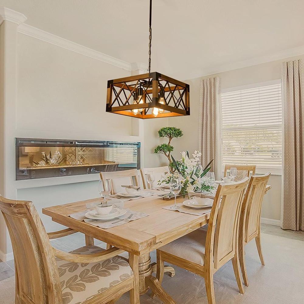Rustic Industrial Linear Chandelier Wood & Glass Farmhouse Fixture