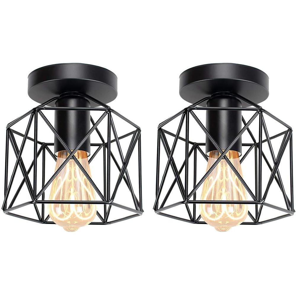 Black Metal Wire Frame Semi-Flush Mount Ceiling Light Industrial