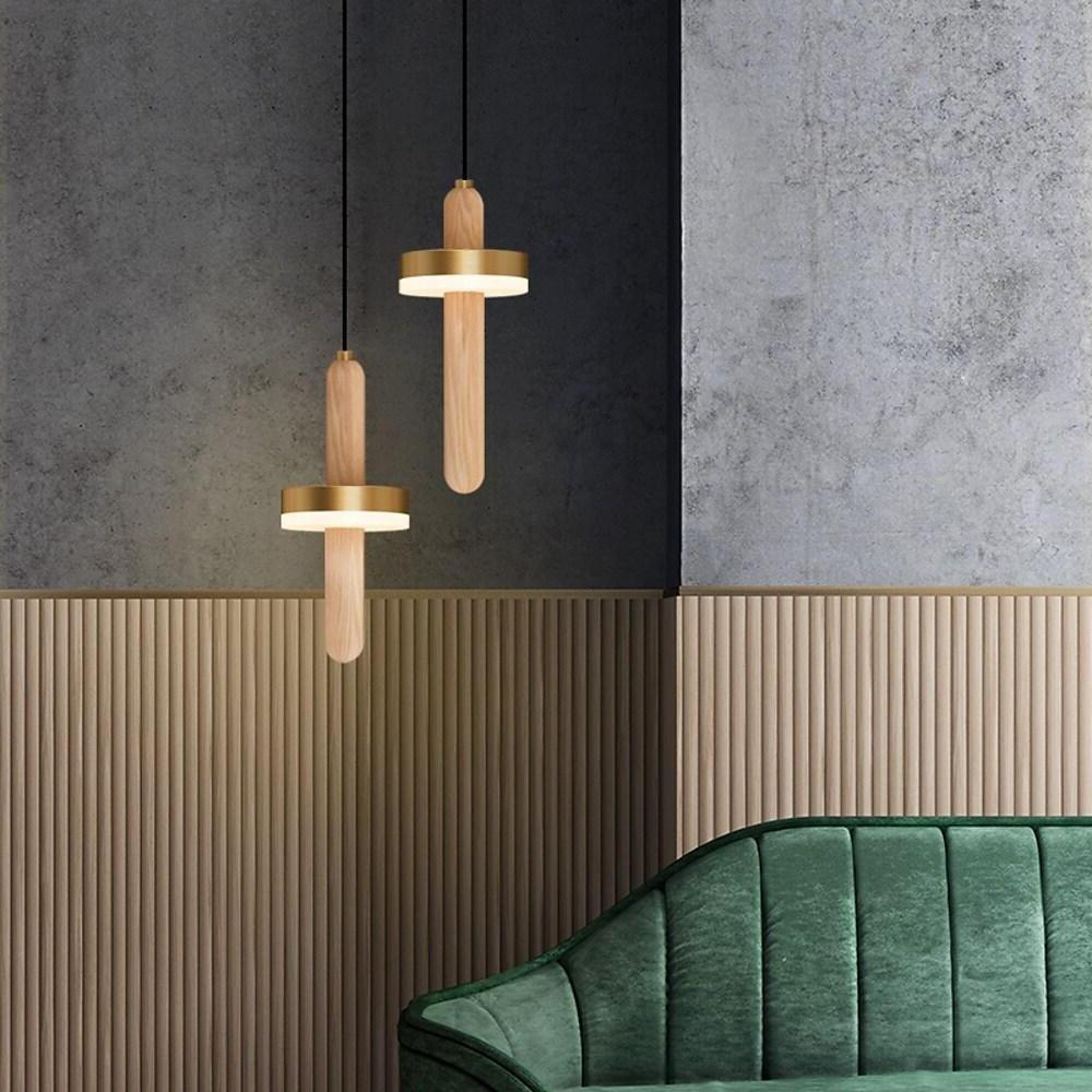 Modern Cylindrical Pendant Light Gold Copper Wood LED Fixture