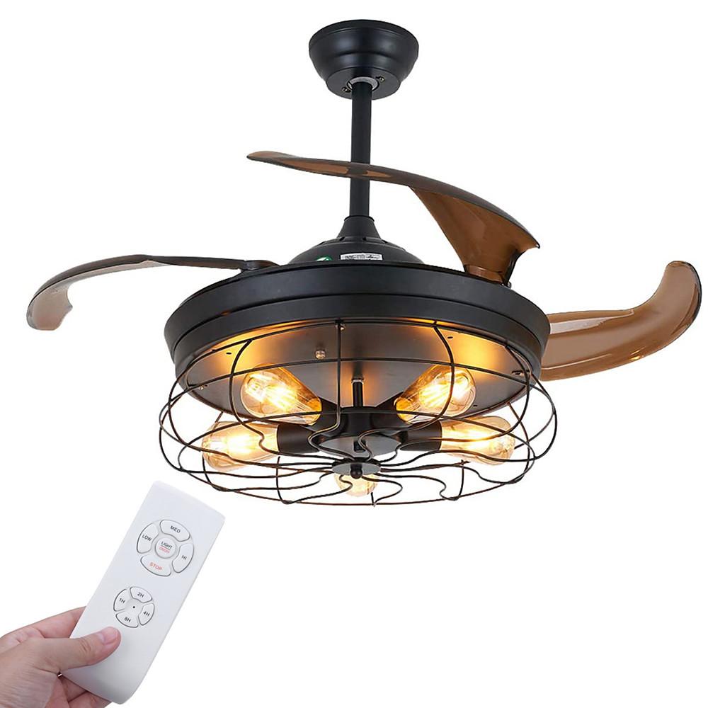 Retractable Farmhouse Ceiling Fan Light with Lantern Design