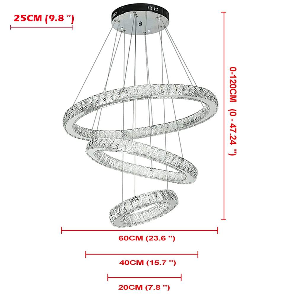 3-Tier Crystal Ring Chandelier with LED - Modern Chrome Finish