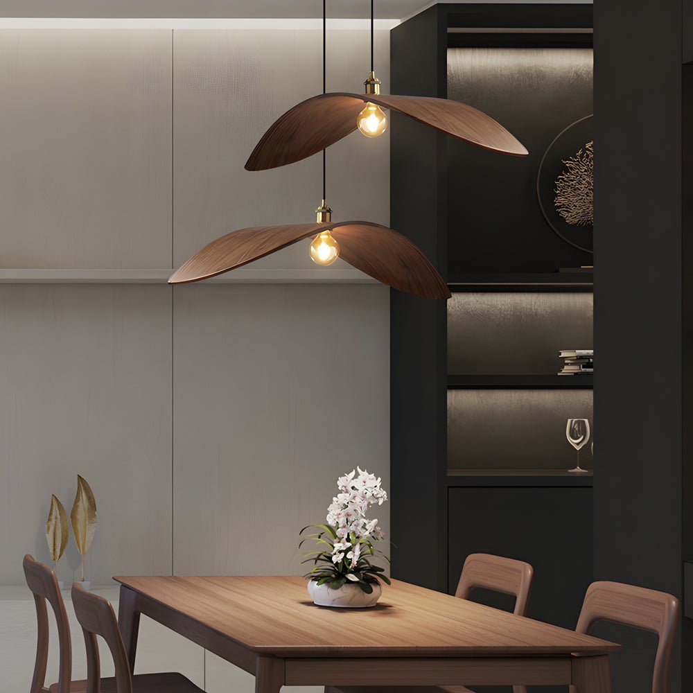 Wabi-Sabi Walnut Leaf Pendant Light Curved Wooden Chandelier