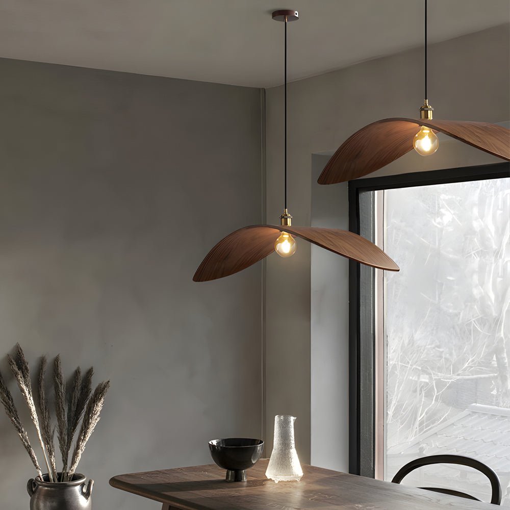 Wabi-Sabi Walnut Leaf Pendant Light Curved Wooden Chandelier