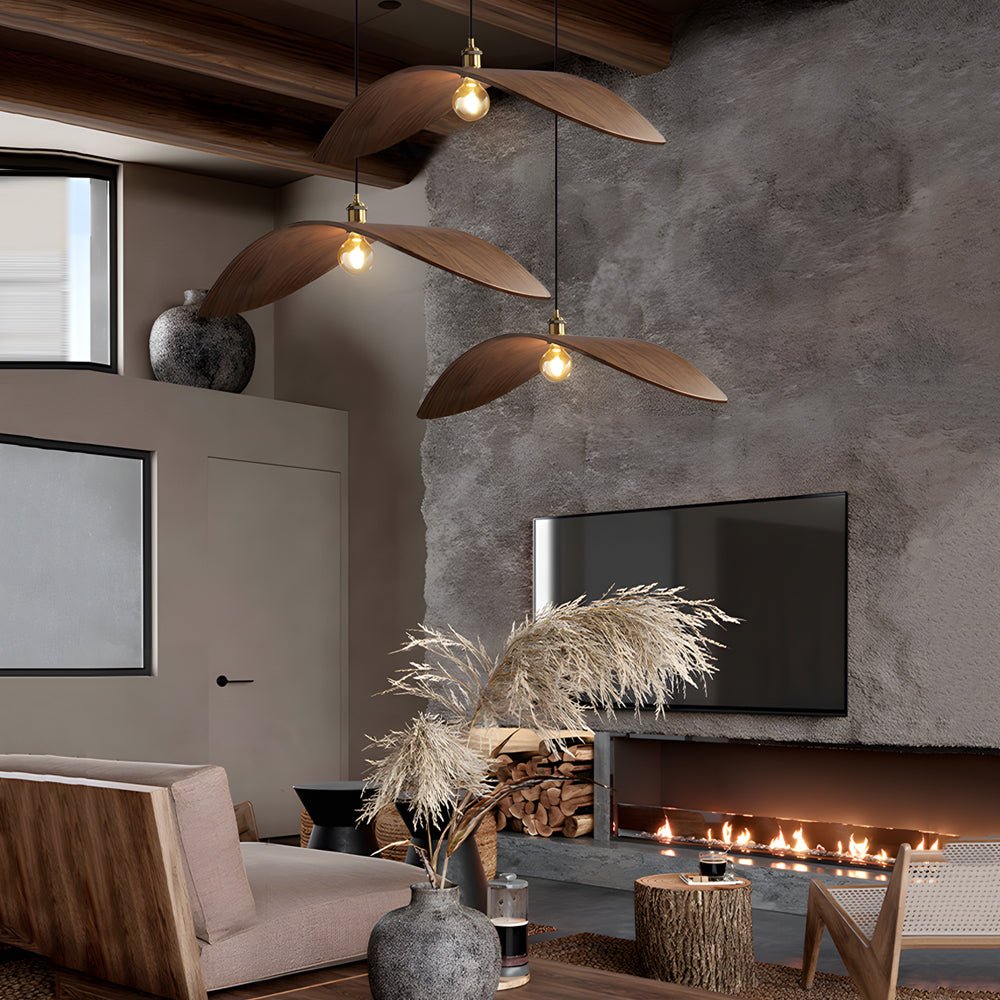 Wabi-Sabi Walnut Leaf Pendant Light Curved Wooden Chandelier