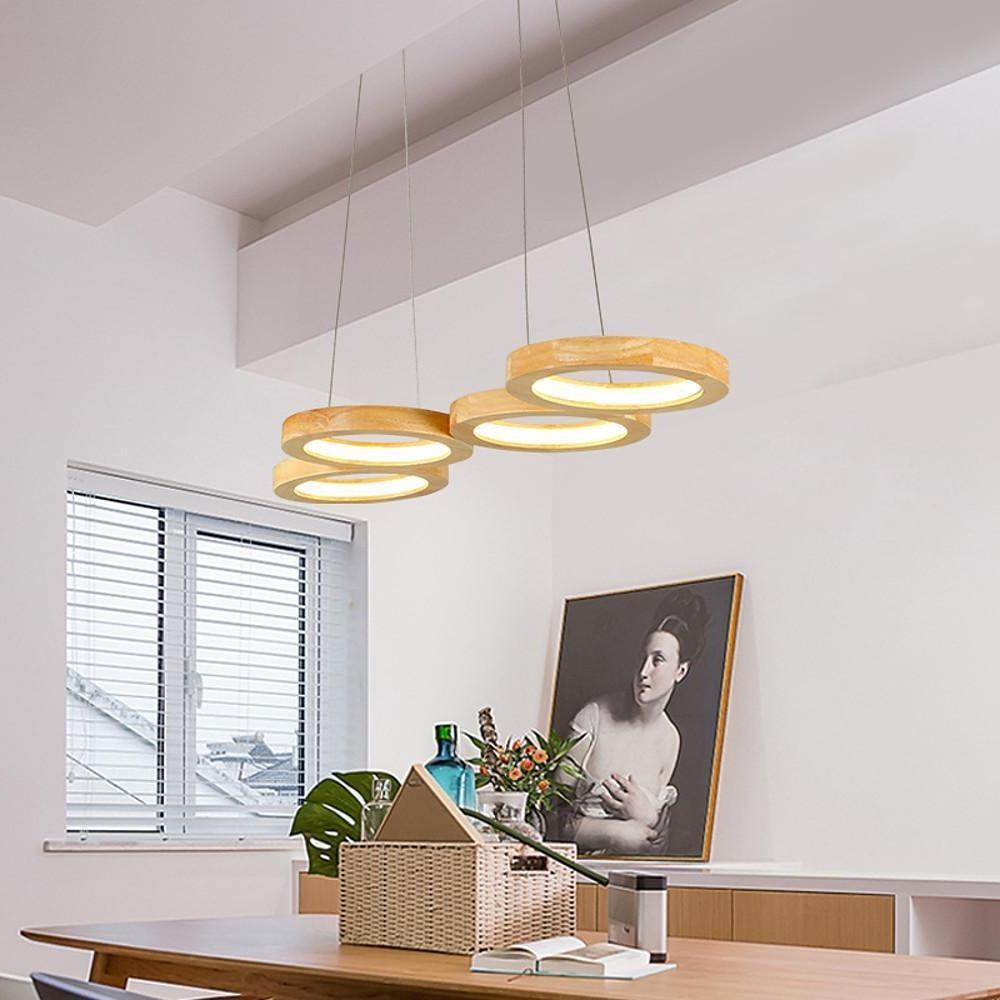 Rustic Wood Pendant Light 4-Circle LED Modern Chandelier