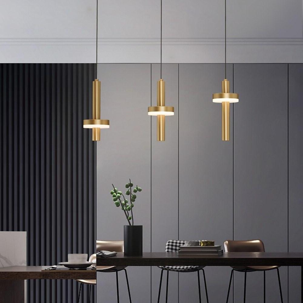 Modern Cylindrical Pendant Light Gold Copper Wood LED Fixture