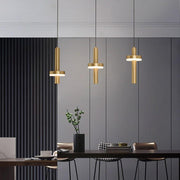 Modern Cylindrical Pendant Light Gold Copper Wood LED Fixture