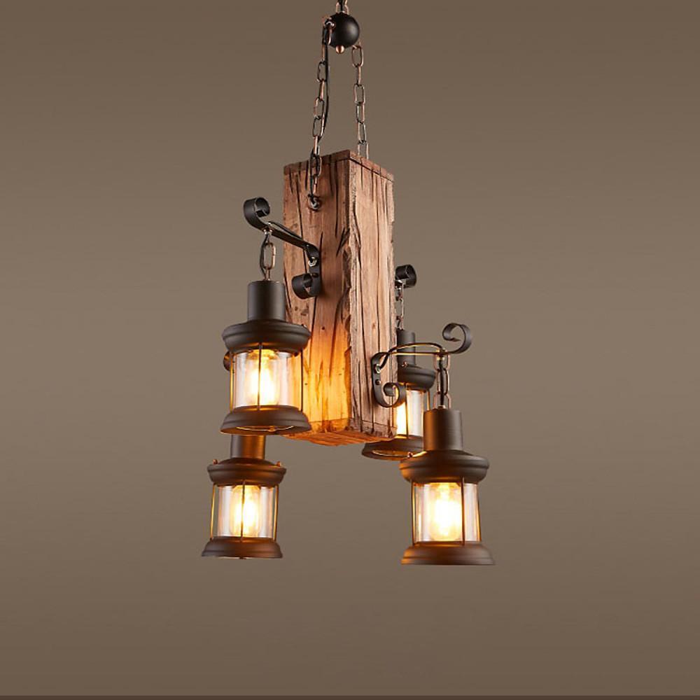 Rustic Wood Farmhouse Chandelier with 4 Lantern Lights