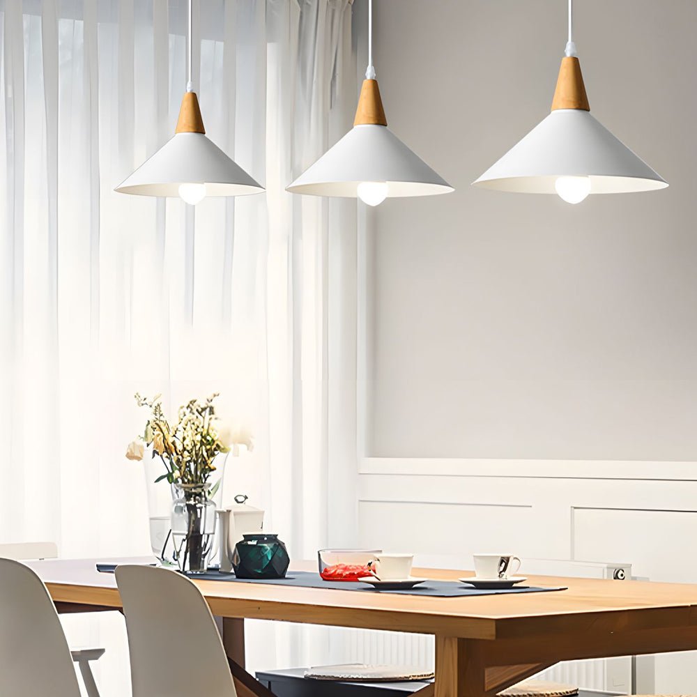 White Nordic Cone Pendant Light with Wood Top – 1-Light E27