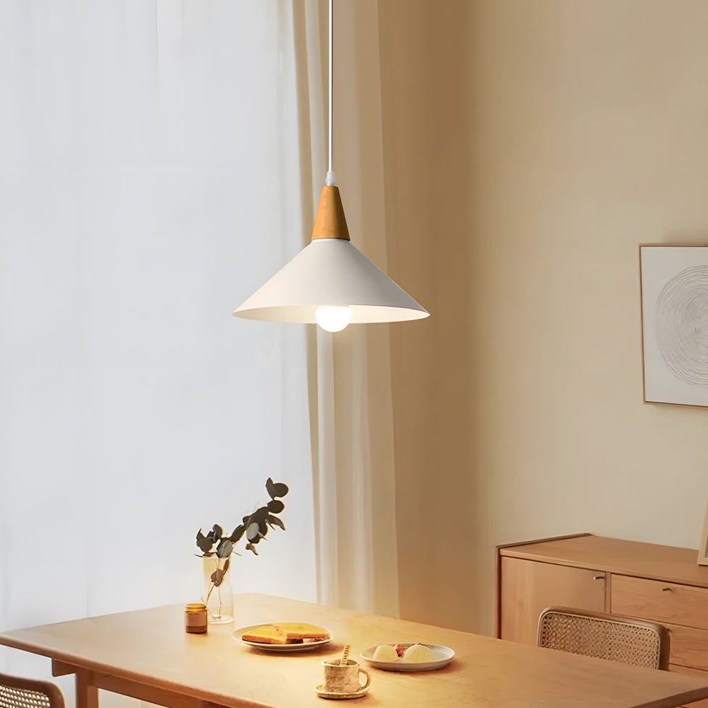 White Nordic Cone Pendant Light with Wood Top – 1-Light E27