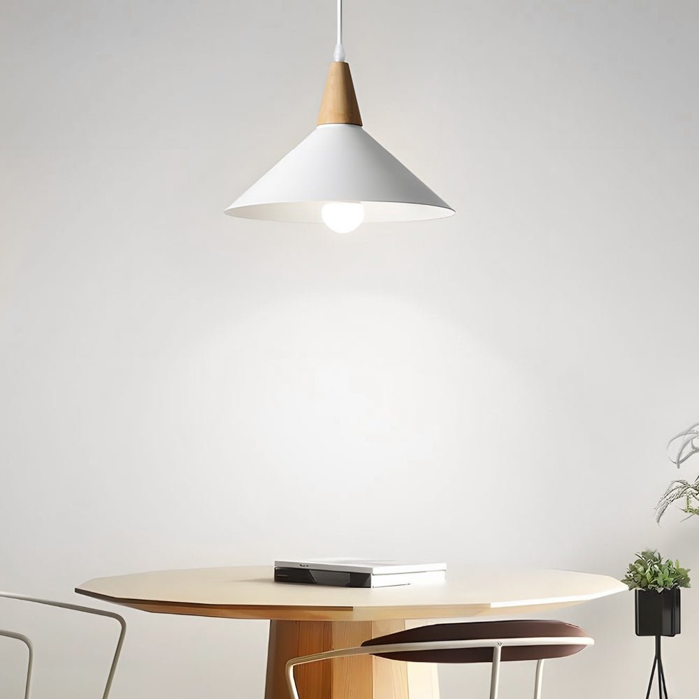 White Nordic Cone Pendant Light with Wood Top – 1-Light E27