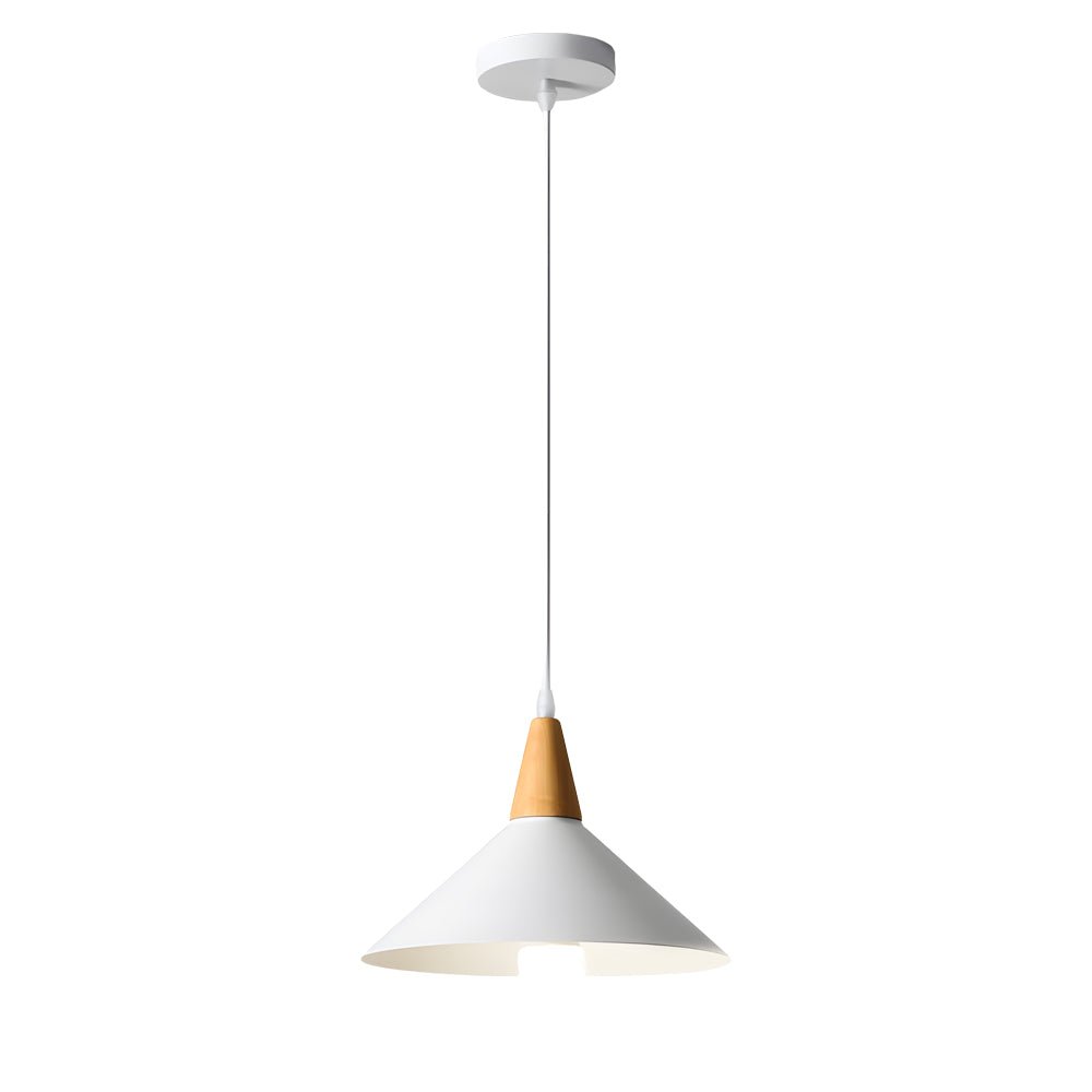 White Nordic Cone Pendant Light with Wood Top – 1-Light E27