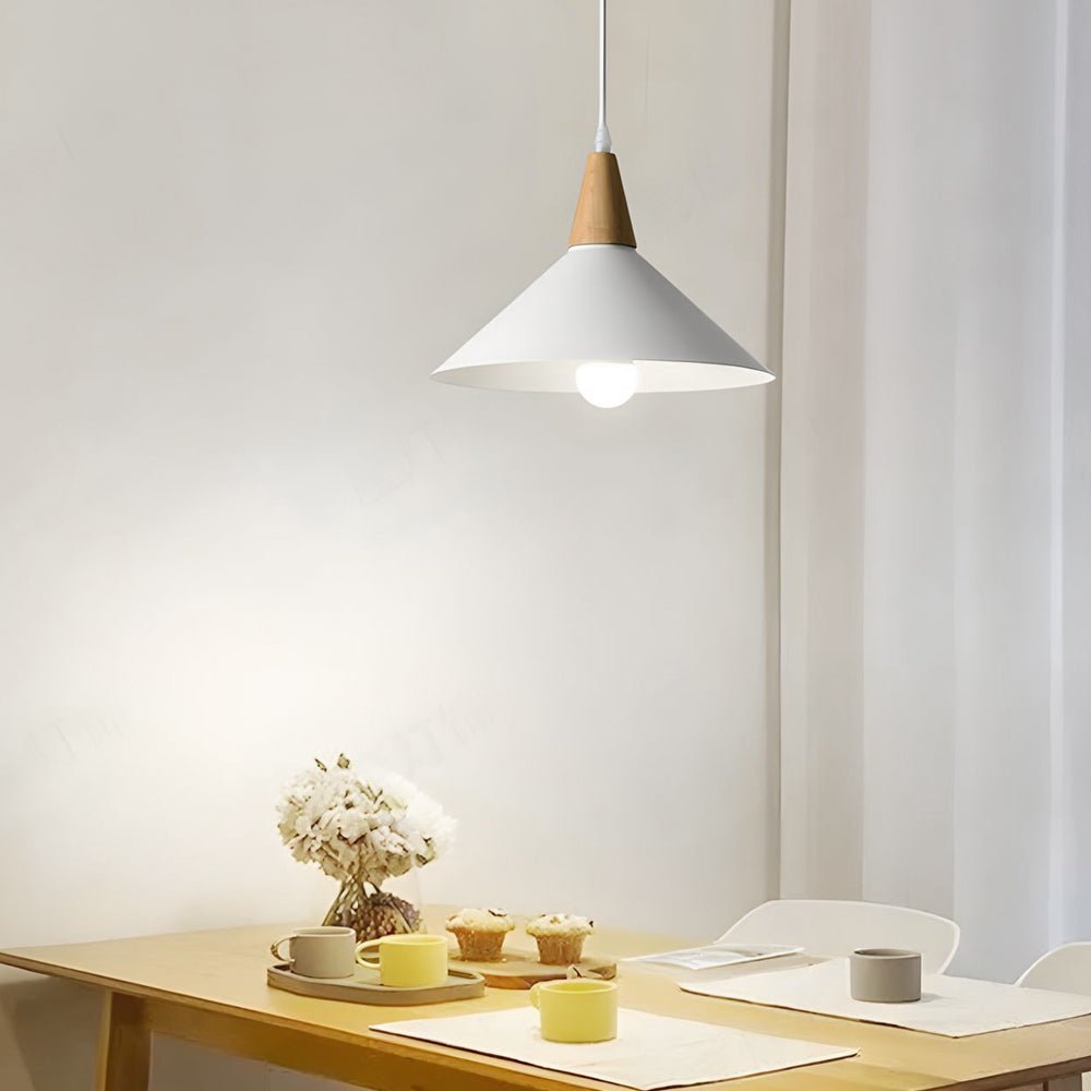 White Nordic Cone Pendant Light with Wood Top – 1-Light E27