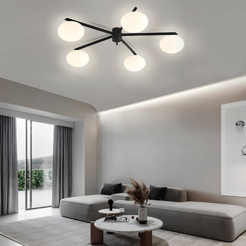Modern Black Semi-Flush Ceiling Light with White Glass Globes