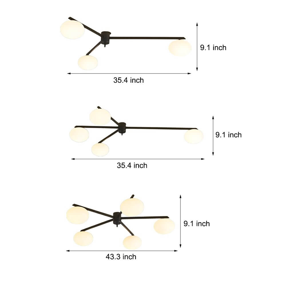 Modern Black Semi-Flush Ceiling Light with White Glass Globes