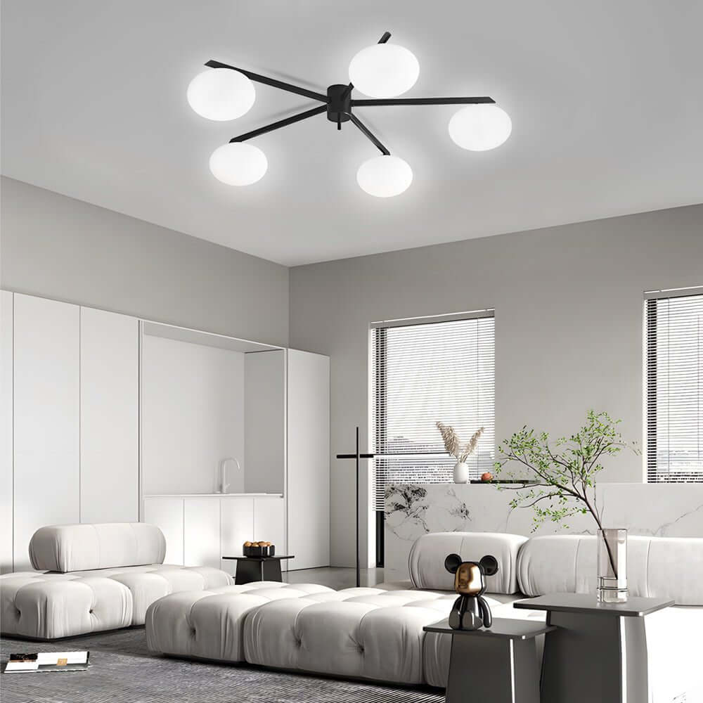 Modern Black Semi-Flush Ceiling Light with White Glass Globes